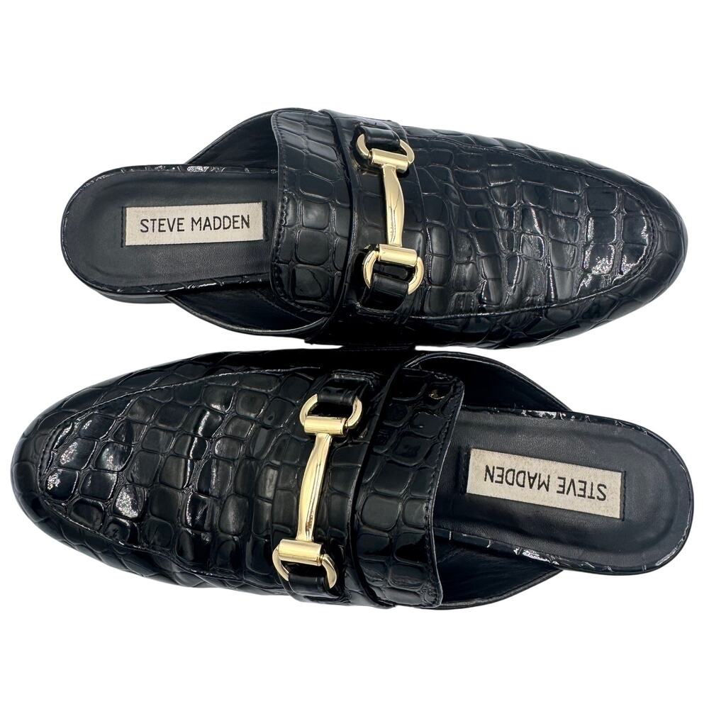 Steve Madden Royals Black Croc Embossed Horsebit Loafer Mule Slide Flat Gold 8 - Picture 3 of 16